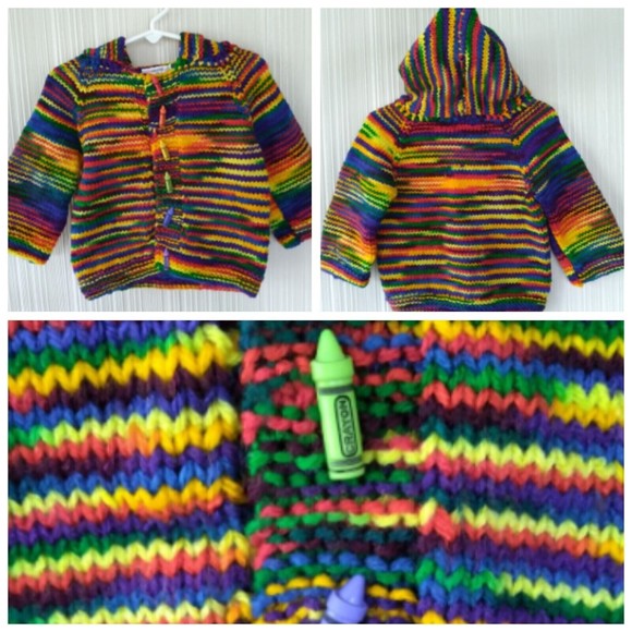 Handmade Knitted Colorful Sweater Cardigan Hoodie Crayon Buttons Hooded 12" P2P - Picture 1 of 10